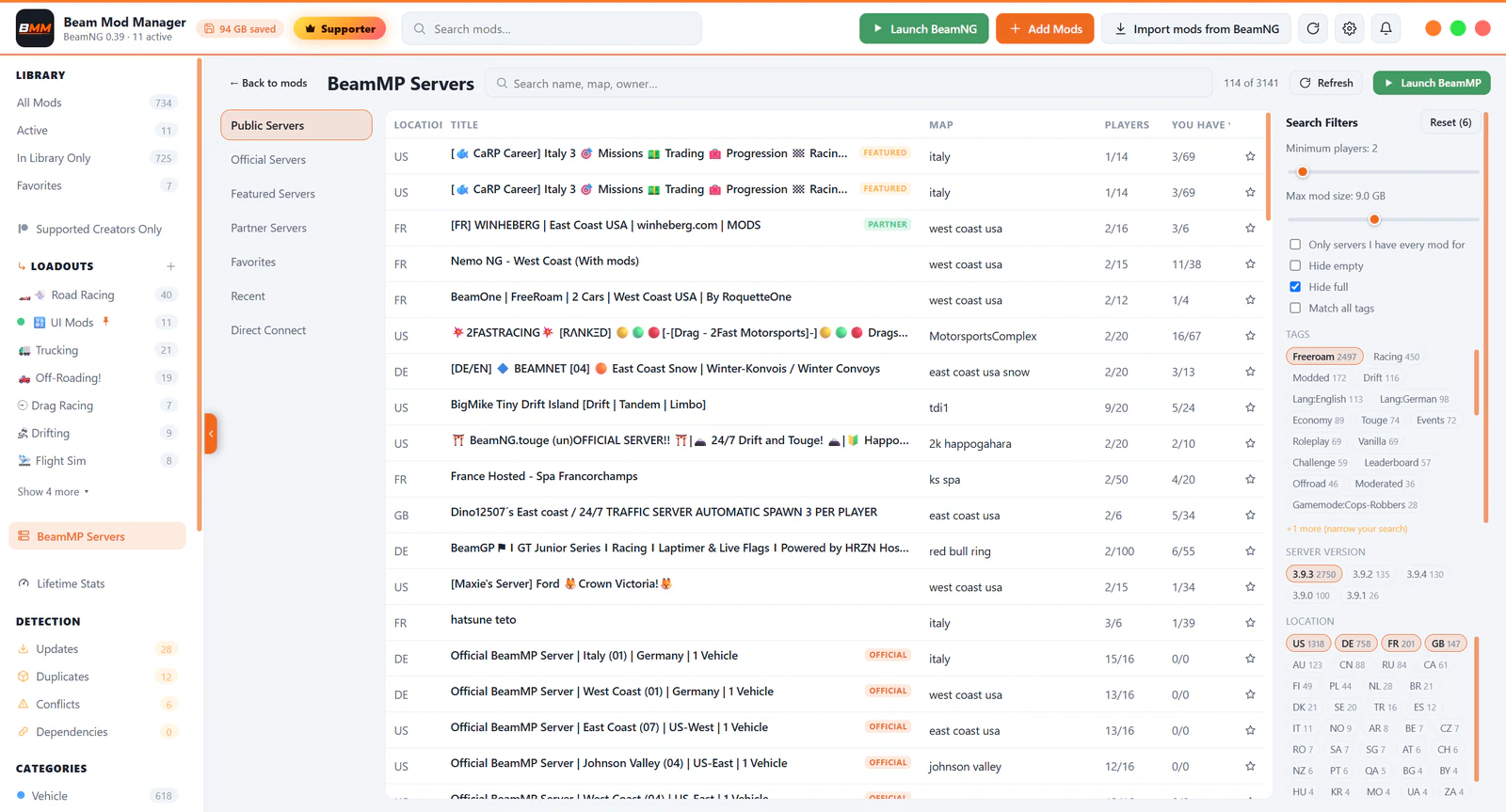 The BeamMP Servers page listing public servers, with filters and how many of each server's mods you already have