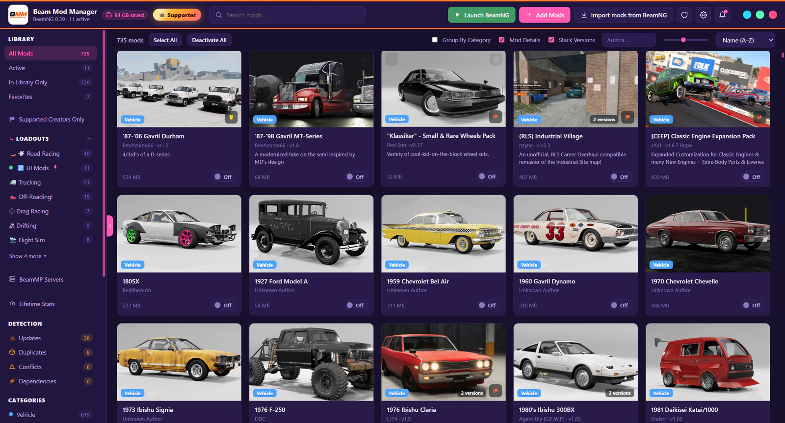 The BMM library view in the light theme, with mod cards grouped by category