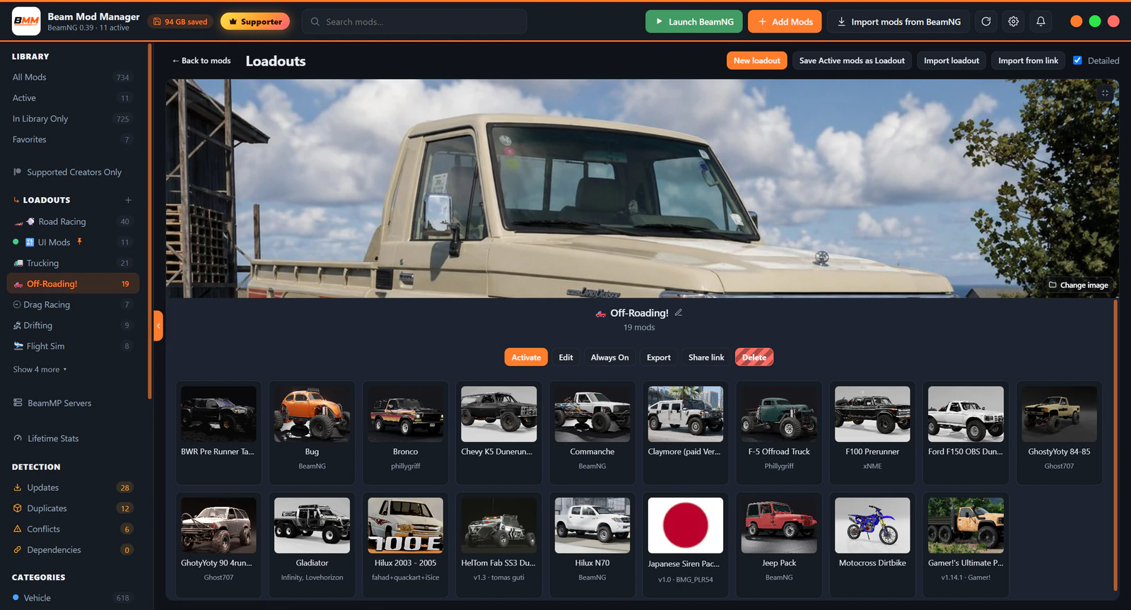 A loadout's page with its cover image and the mods it contains