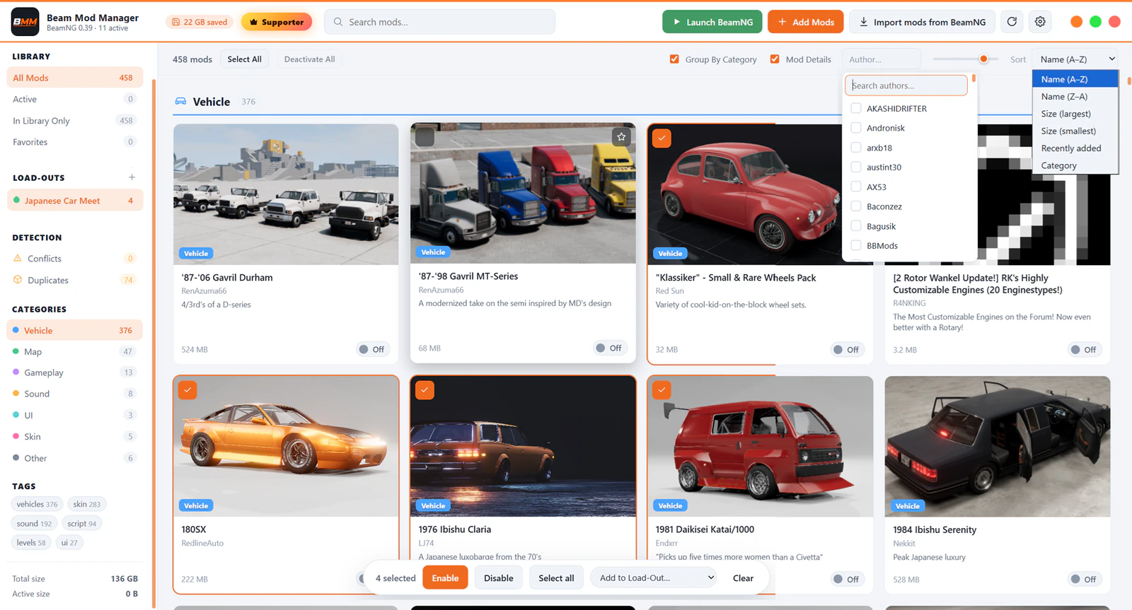 Search, author filter, sort options and bulk actions narrowing the library