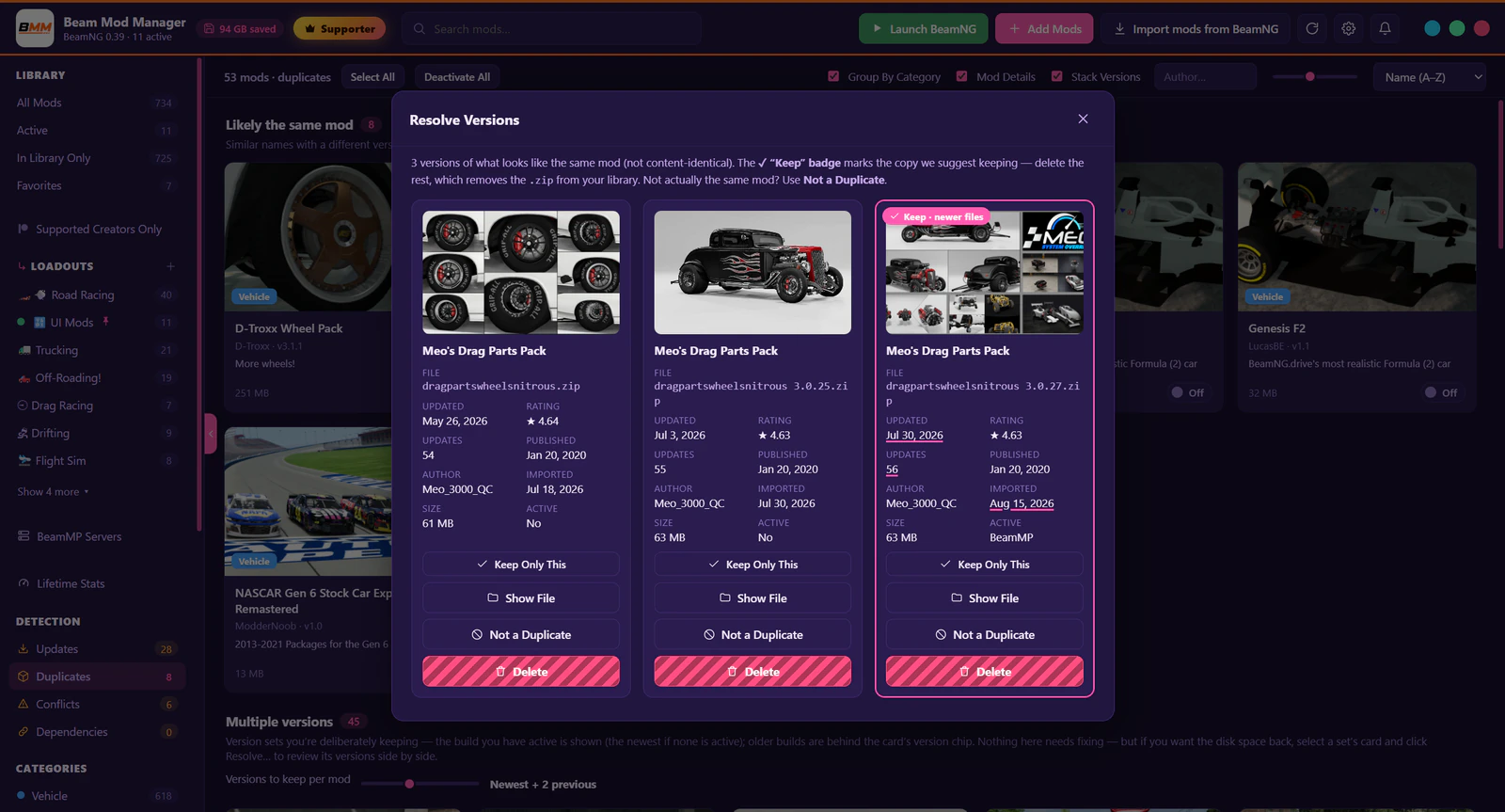 The Resolve Versions window comparing two versions of the same mod side by side